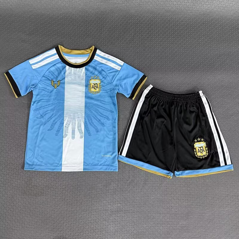 Argentina Blue and White Kids Football Kit — front view of shirt and shorts